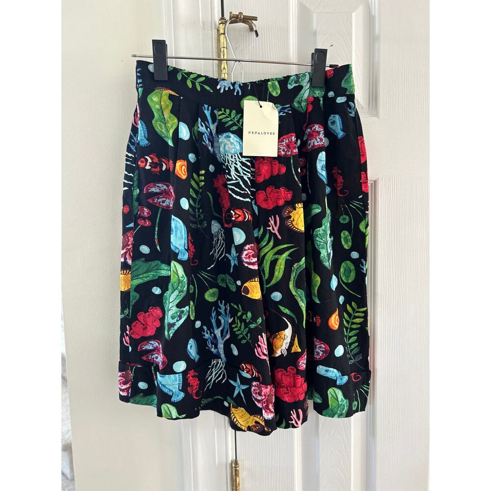 NWT Pepa Loves Black Wide Leg High Waist Trouser Short Sea Life Print